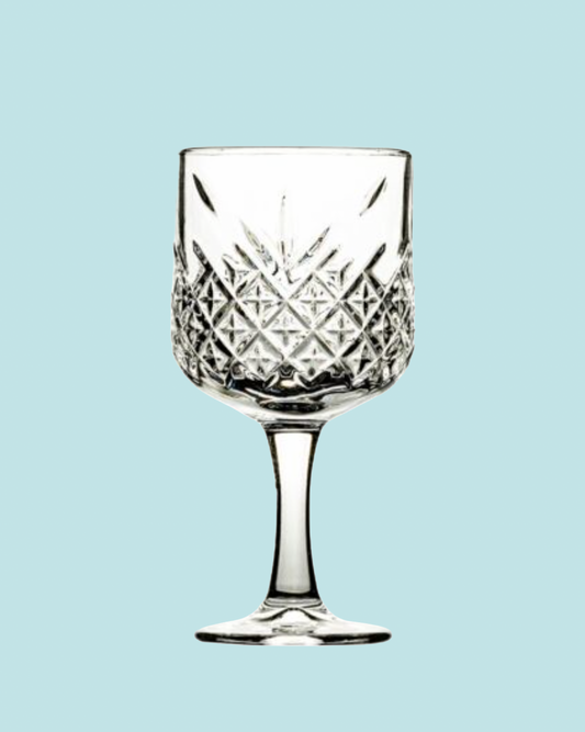 Clear glass with diamond cut pattern on a light blue background