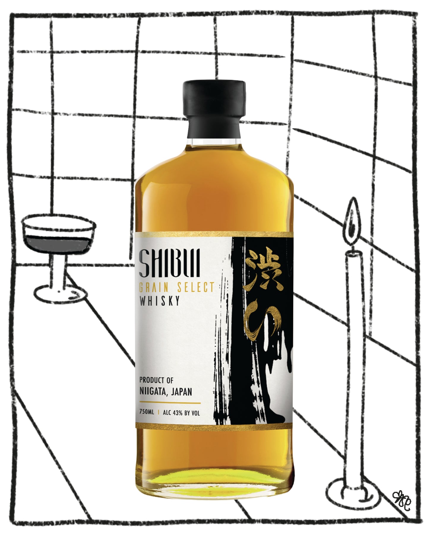 shibui grain whiskey on a black and white background