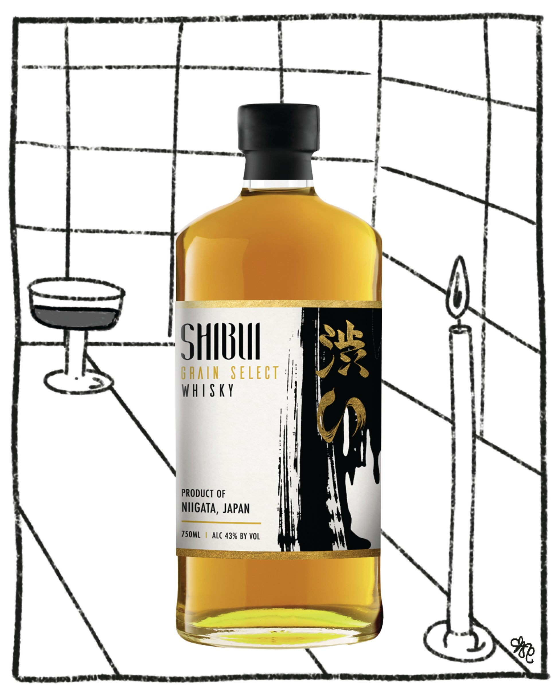 shibui grain whiskey on a black and white background