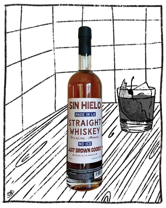 A bottle of Sin Hielo Straight Whiskey with a black cap and white label, set against a hand-drawn black and white sketch of a bar scene with a cocktail glass.