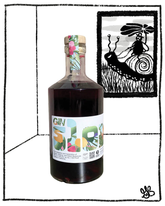 Bottle of Gin Slowdays with decorative label on a white background