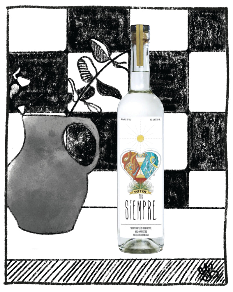 Sotol Siempre bottle with decorative label on a black and white checkered background