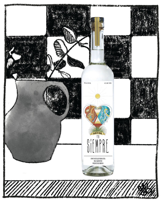 Sotol Siempre bottle with decorative label on a black and white checkered background