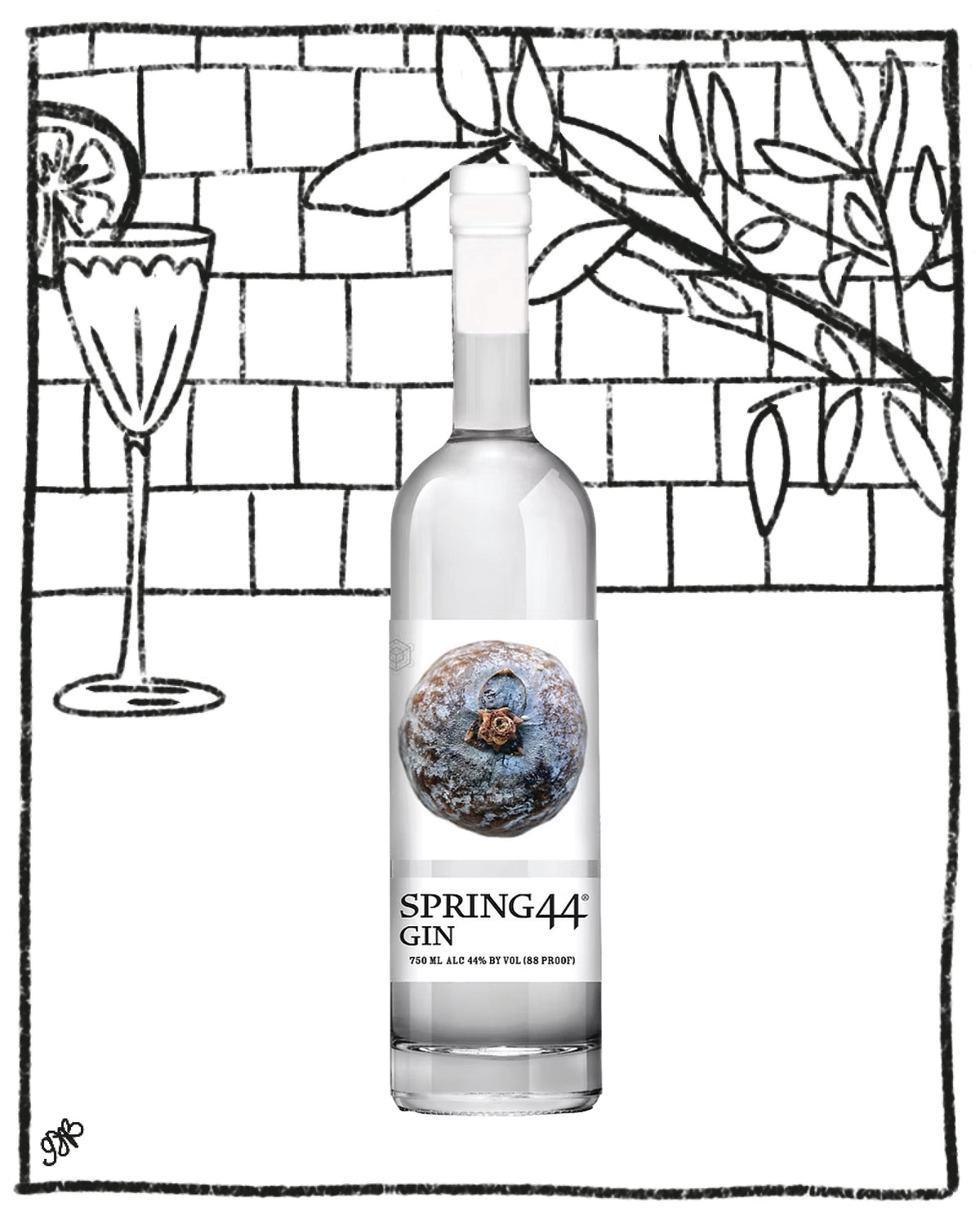 A bottle of Spring44 Gin centered on a white background with black line-art illustrations of a brick wall, lemon slice, cocktail glass, and leafy branch. The bottle label shows the brand name Spring44 Gin and a circular botanical-style graphic.