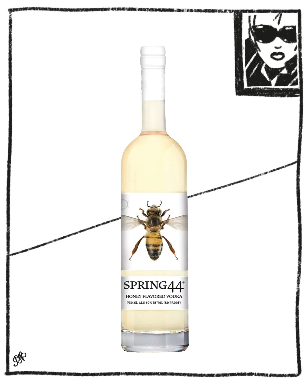 A bottle of Spring44 Honey Flavored Vodka centered on a white background with a black hand-drawn frame and a small black-and-white illustrated square in the top-right corner. The bottle contains a pale golden liquid and has a label featuring a large bee above the brand name.