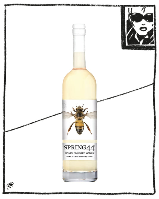 A bottle of Spring44 Honey Flavored Vodka centered on a white background with a black hand-drawn frame and a small black-and-white illustrated square in the top-right corner. The bottle contains a pale golden liquid and has a label featuring a large bee above the brand name.