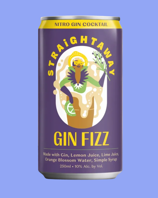A 250ml can of Straightaway Gin Fizz Nitro Gin Cocktail, featuring a deep purple label with yellow text and a colorful illustration of a bird in a hat, shown next to a glass on a light cream background.