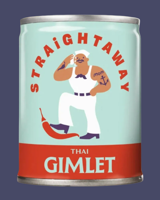 A novelty can-shaped product featuring a retro sailor illustration and the text 'STRAIGHTAWAY' and 'THAI GIMLET' on a pale blue label with a red band at the bottom.