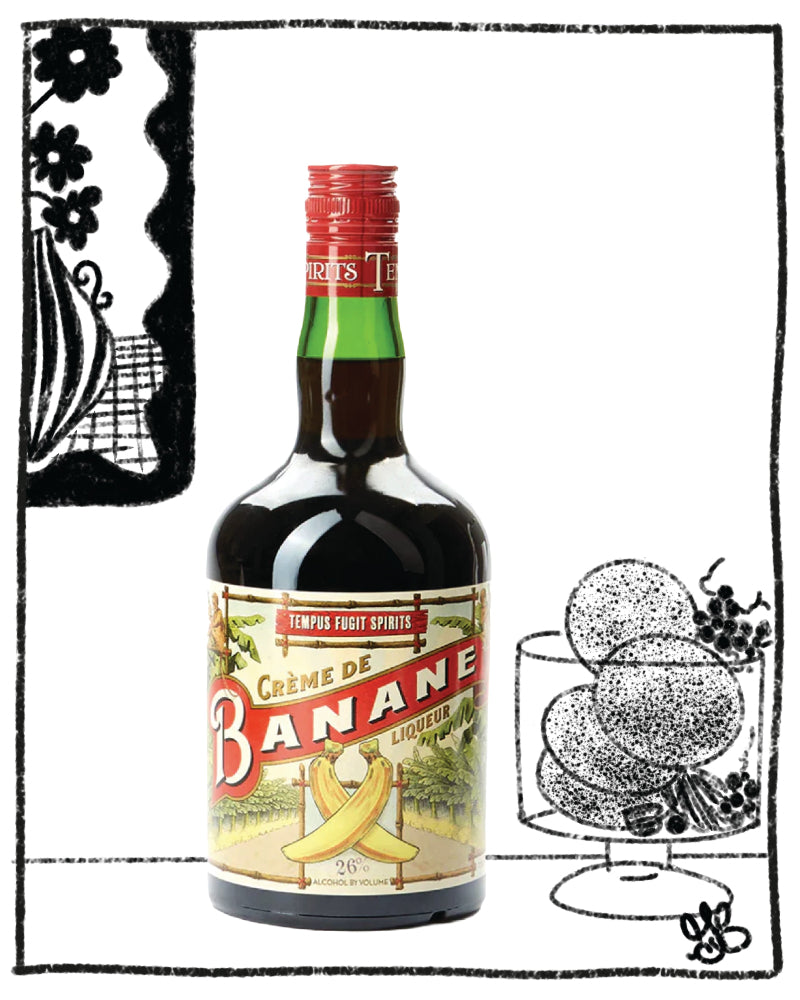 Bottle of Crème de Banane liquor with decorative elements on a white background
