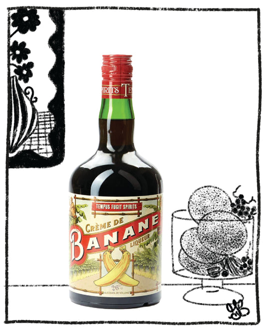 Bottle of Crème de Banane liquor with decorative elements on a white background