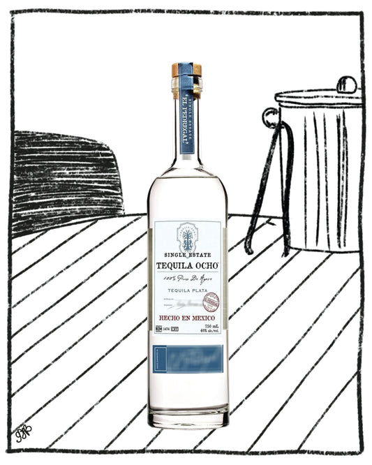 Tequila Ocho bottle on a wooden surface with a black and white illustration style.