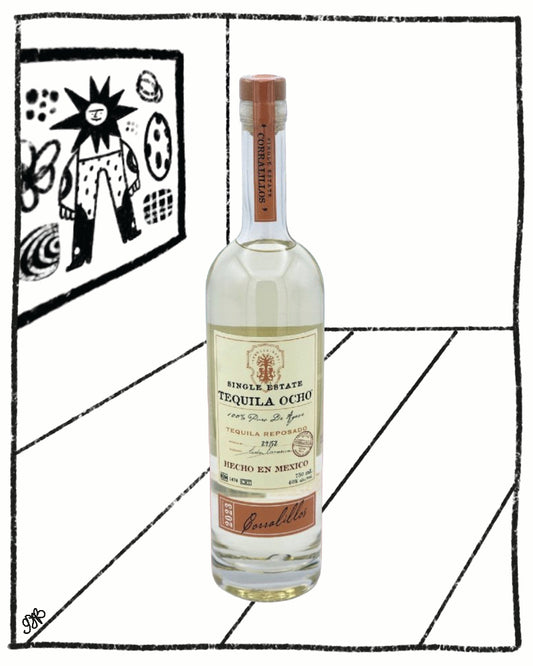 Tequila bottle labeled 'Tequila Ocho' on a geometric black and white background