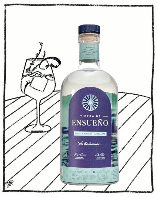 Bottle of Tierra de Ensueno liquor with a blue label on a white background