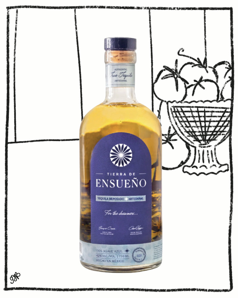 Bottle of Tierra de Ensueno tequila with a blue label on a white background