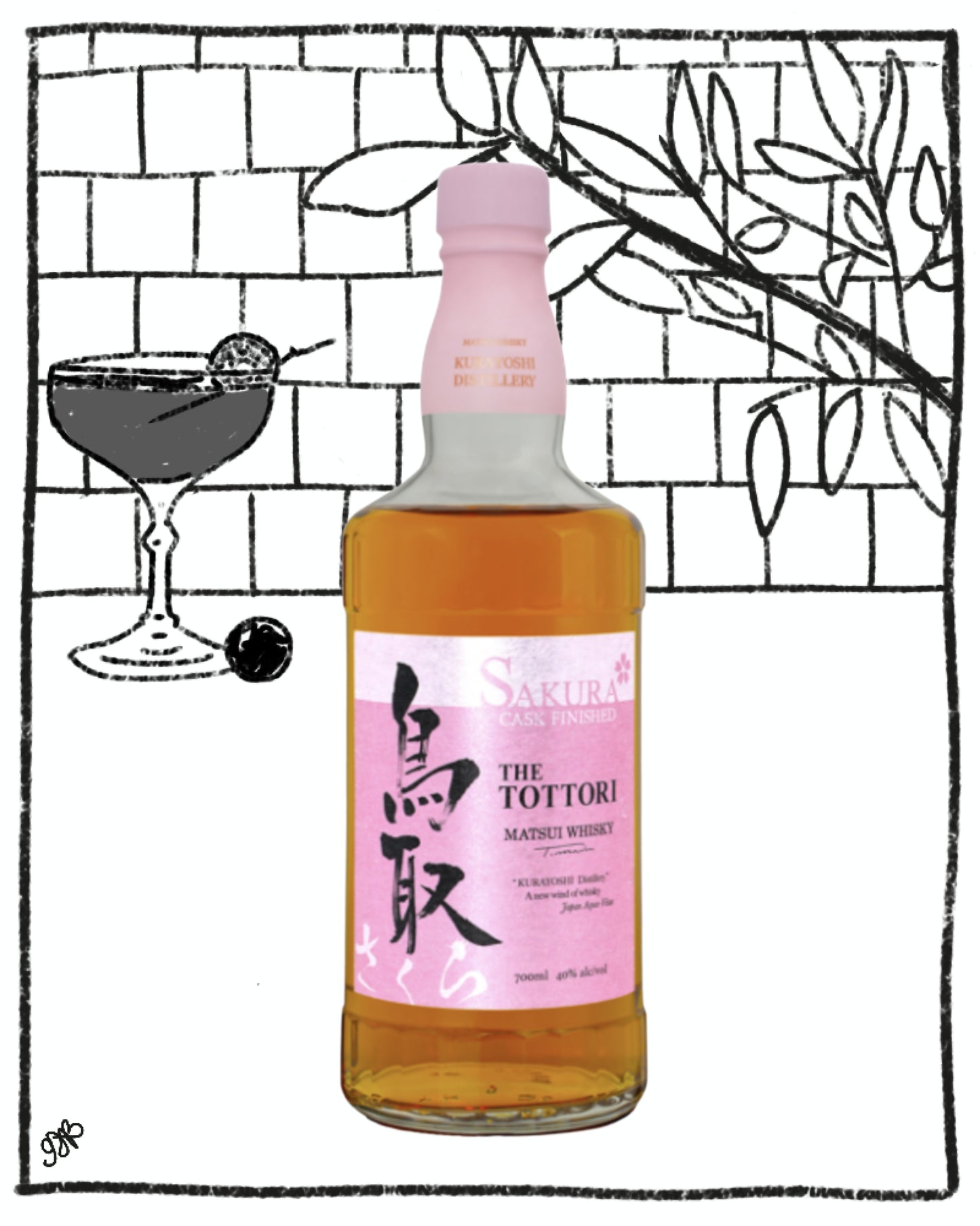 Bottle of Sakura Tottori Sake with a pink label on a white background with black line art.