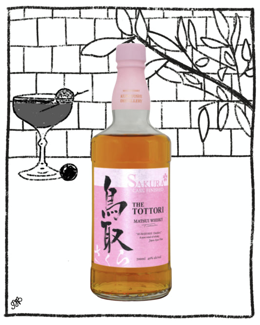 Bottle of Sakura Tottori Sake with a pink label on a white background with black line art.