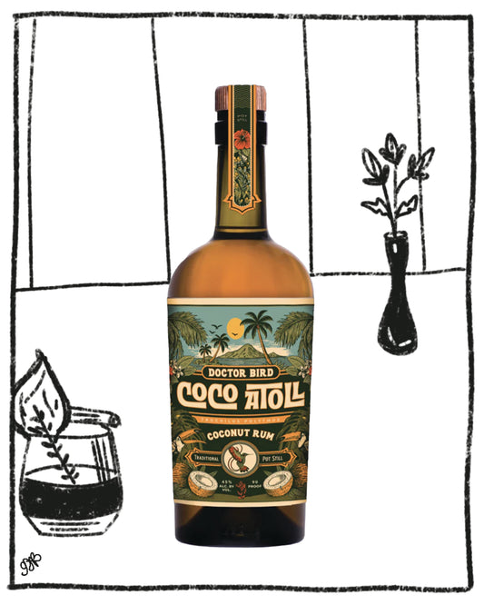 Bottle of Doctor Bird Coco A'oll Coconut Rum with a decorative label on a white background.