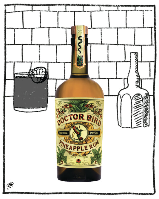 Bottle of Doctor Bird Pineapple Rum on a tiled background with illustrations of a glass and bottle.