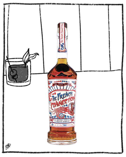 Bottle of 'The French Connection' whiskey with a colorful label on a white background.