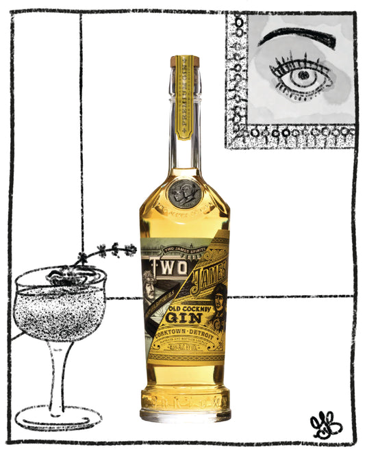 Bottle of Old Fashioned Gin with a cocktail glass on a black and white background