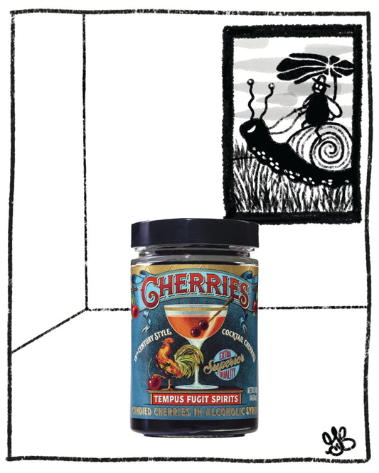 Jar of cherries with a label on a white background