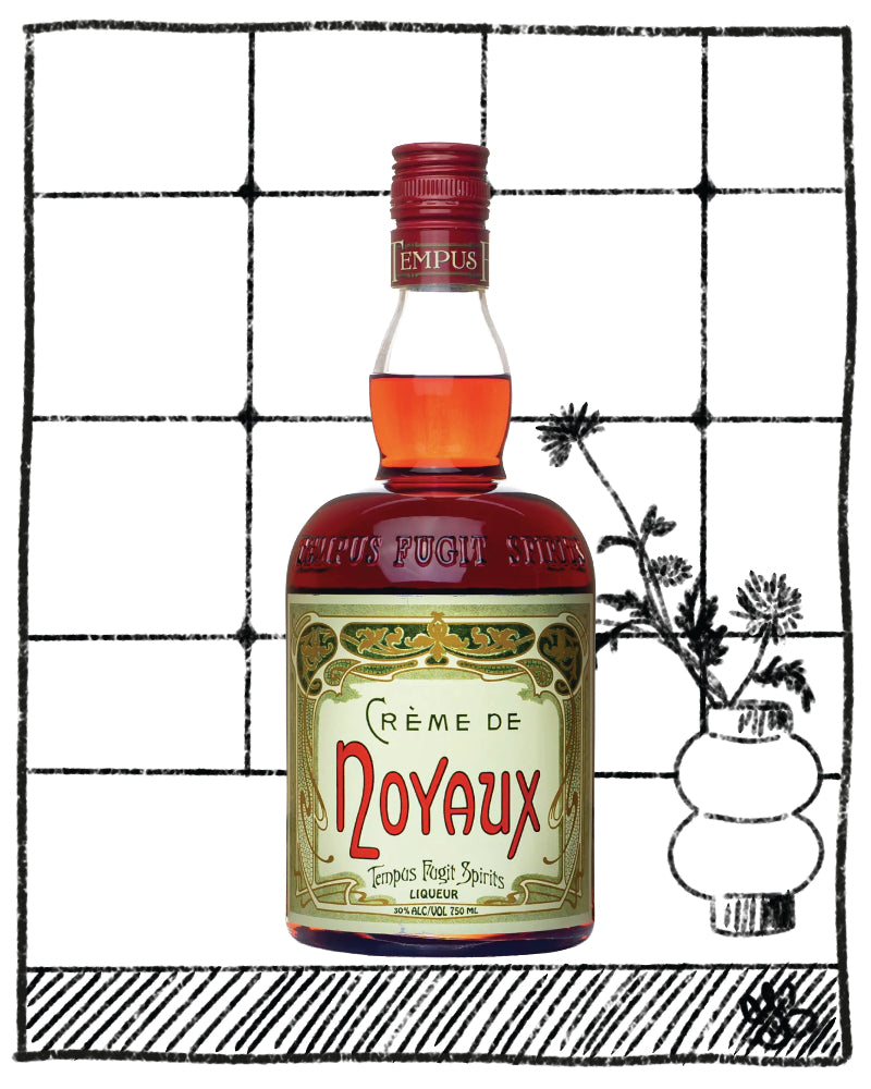 Bottle of Creme de Noyaux with a decorative background