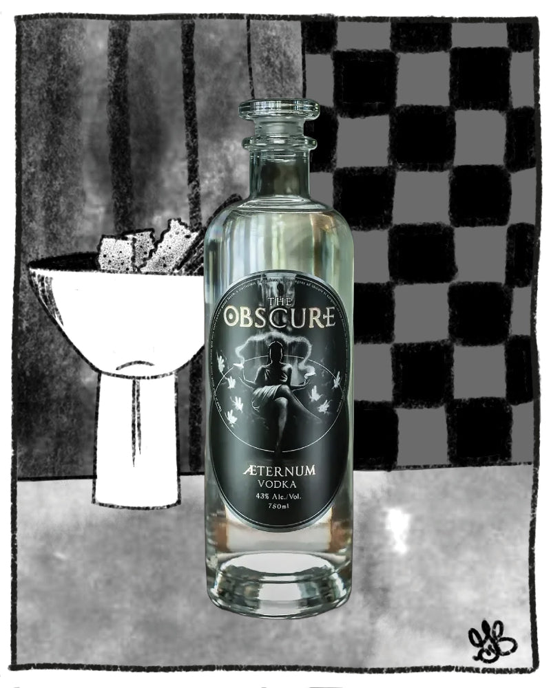 A clear glass bottle of Obscure Aeternum Vodka centered against a stylized black-and-white illustrated background with a checkered pattern and a cocktail glass.