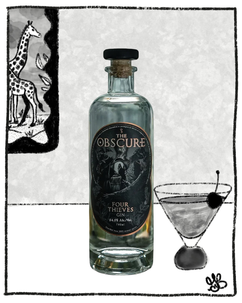 A bottle of The Obscure Gin Four Thieves Gin stands on a white background with a black hand-drawn border. The bottle is clear glass with a cork stopper and a dark label.