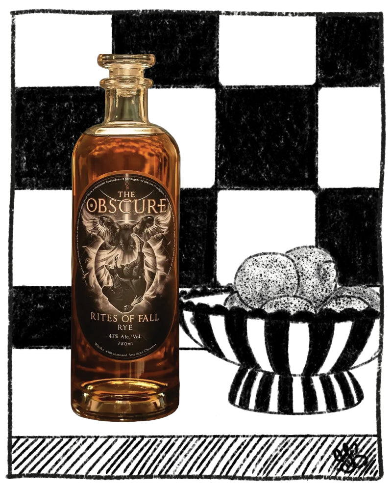 A clear glass bottle filled with amber liquid stands beside a black-and-white striped bowl of round pastries on a white background with a black-and-white checkered graphic backdrop. The bottle label reads 'The Obscure Ale' and 'Rites of Fall Ale'.