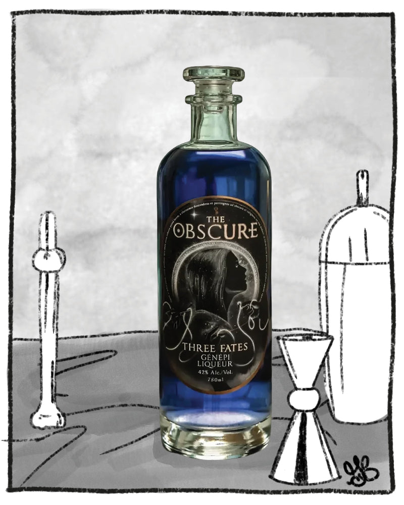 A stylized illustration of a glass bottle labeled 'The Obscure Three Fates Geneth Liquor' filled with deep blue liquid, surrounded by sketchy cocktail tools on a gray background.