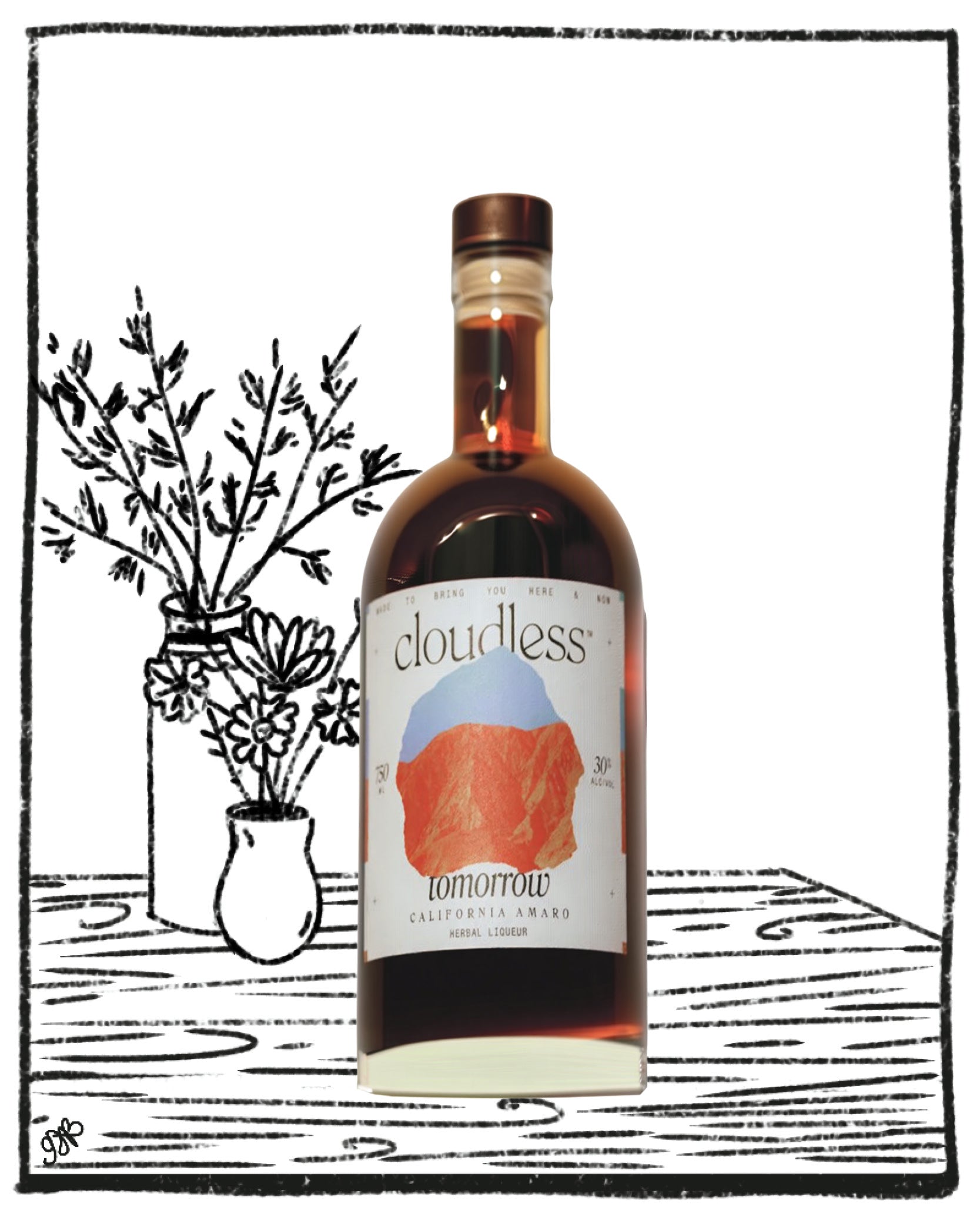 A bottle of Cloudless Tomorrow California Whiskey centered on a white background, with a black-and-white illustrated vase of flowers and table lines behind it. The bottle label shows the brand name Cloudless and the flavor Tomorrow.