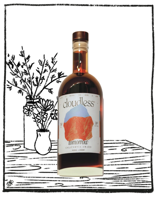 A bottle of Cloudless Tomorrow California Whiskey centered on a white background, with a black-and-white illustrated vase of flowers and table lines behind it. The bottle label shows the brand name Cloudless and the flavor Tomorrow.