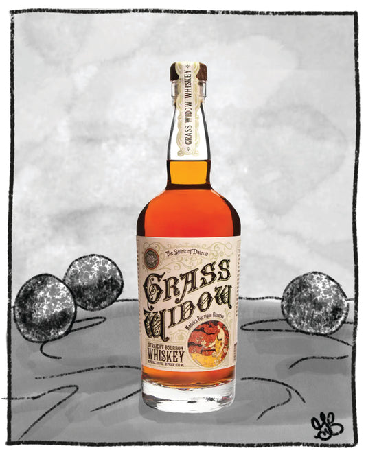 Bottle of Grass Widow Whiskey on a textured gray background