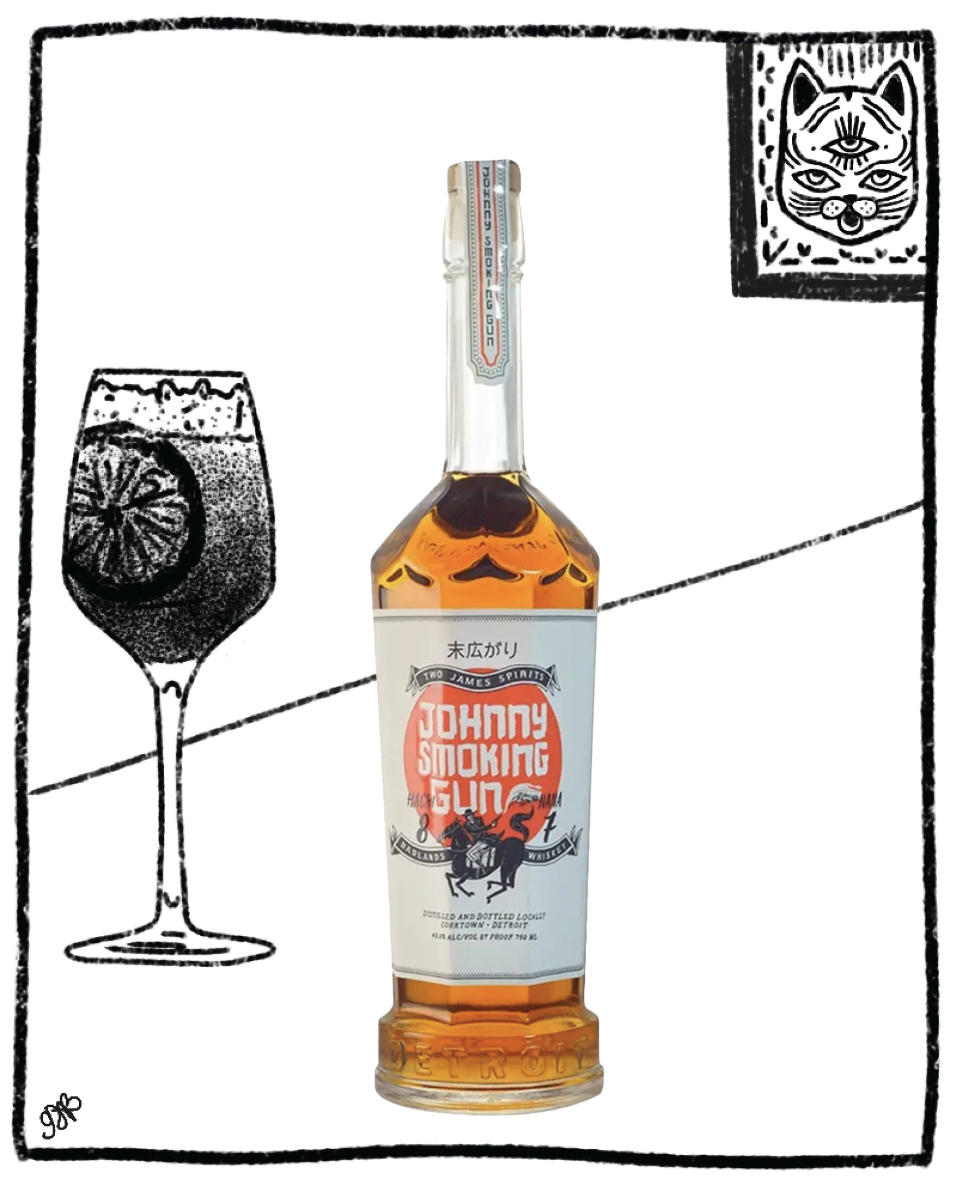 Bottle of Johnny Smoking Gun whiskey with a glass and black and white illustration on a white background