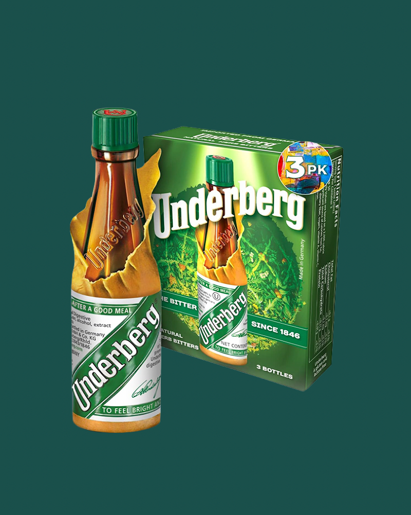 Underberg bitters bottle and packaging on a green background