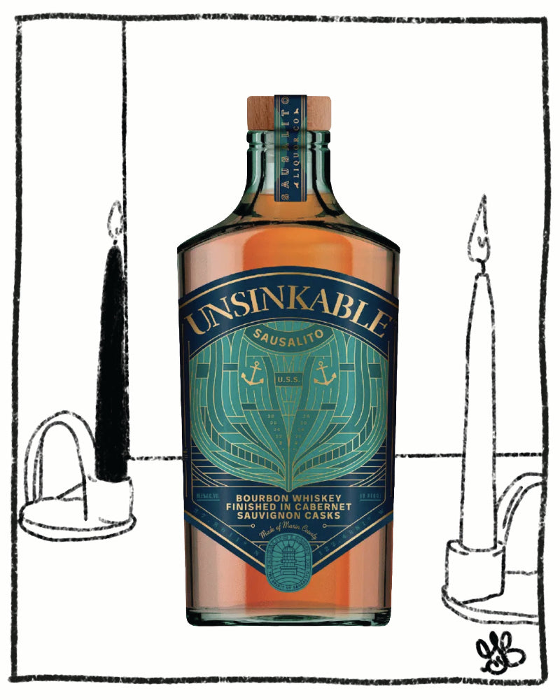 Bottle of Unsinkable bourbon whiskey with a decorative label on a white background