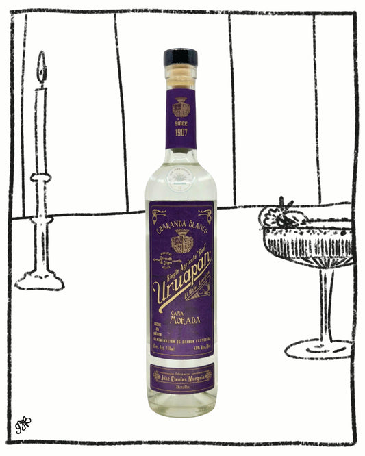 Bottle of Casa Romana liquor with a purple label against a black and white illustrated background.