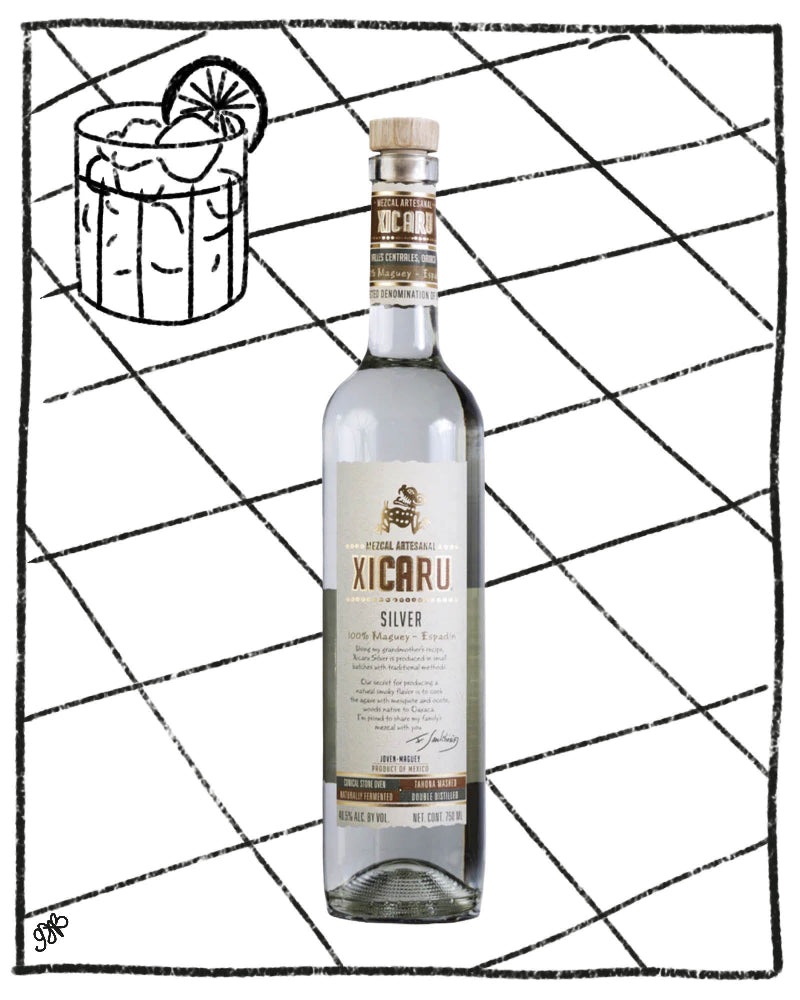 Bottle of Xicaru Silver rum with a cocktail illustration on a geometric patterned background