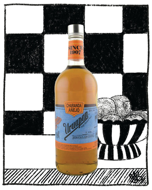 Uruapan Mexican Rum on a black and white background