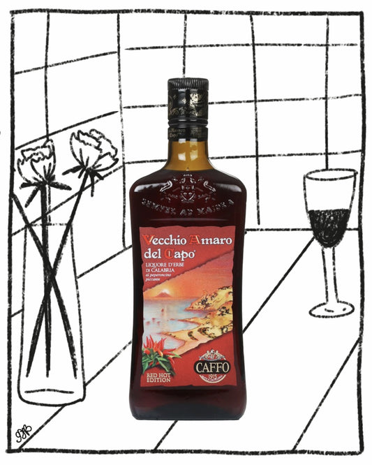 Vecchio Amaro del Capo bottle with a glass of amaro and flowers on a black and white grid background