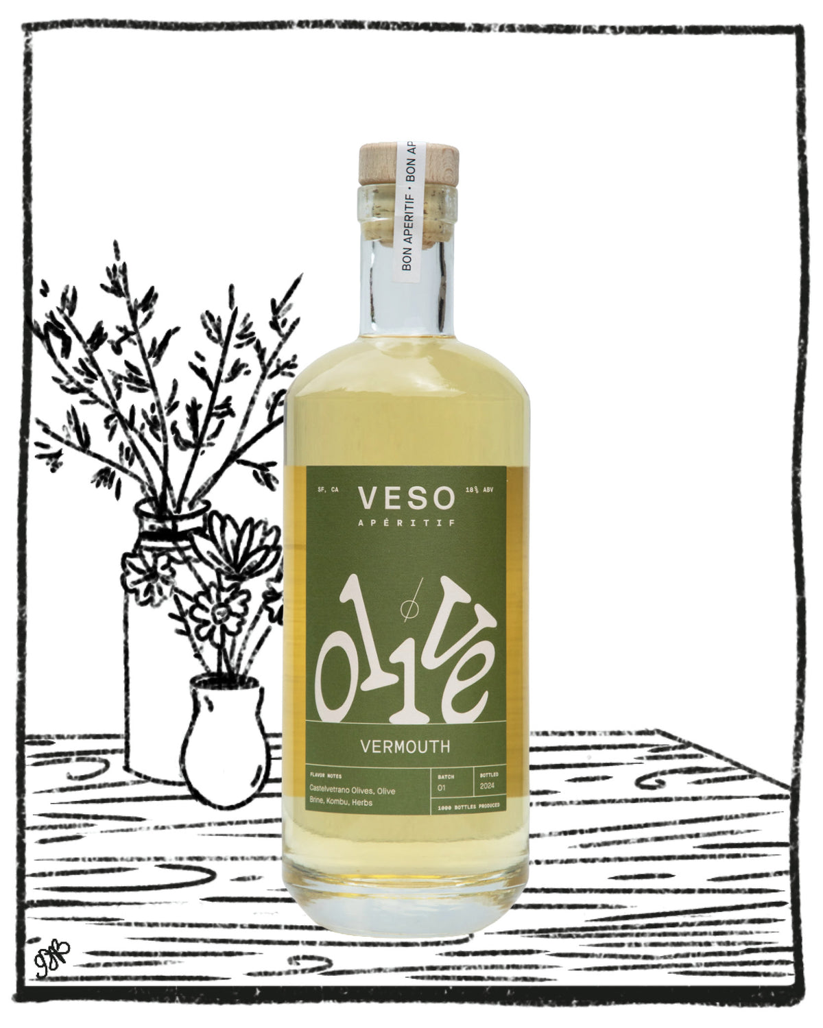 A bottle of VESO Vermouth centered on a white background with a black illustrated tabletop and vase scene behind it. The bottle contains a pale golden liquid and has a dark olive-green label with white lettering.