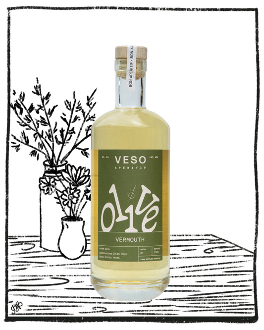 A bottle of VESO Vermouth centered on a white background with a black illustrated tabletop and vase scene behind it. The bottle contains a pale golden liquid and has a dark olive-green label with white lettering.