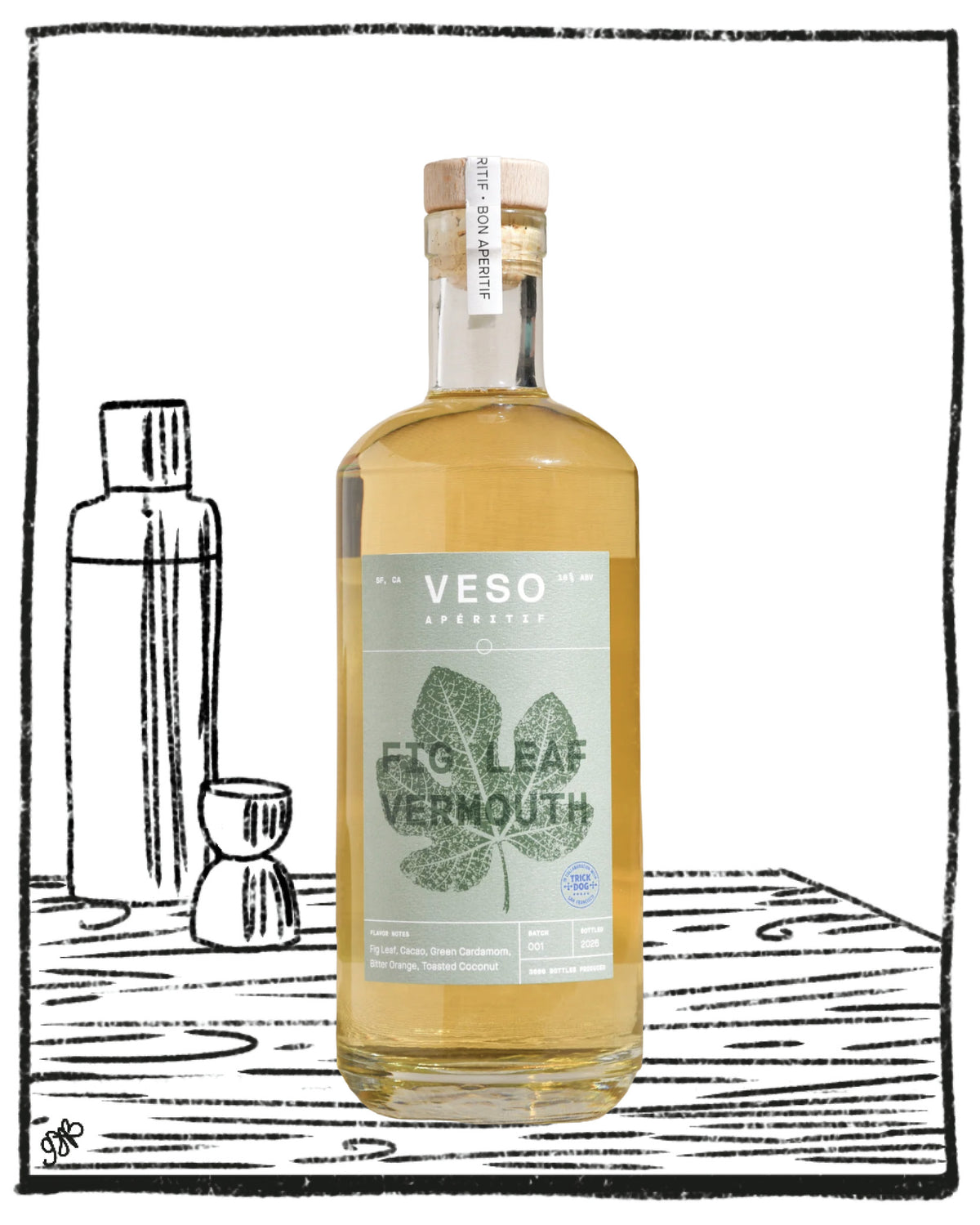 A bottle of VESO Aperitivo Fig Leaf Vermouth filled with golden amber liquid, set against a white background with a black hand-drawn sketch of a shaker and glassware on the left.