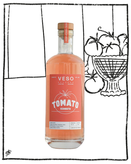 A bottle of VESO Tomato Vermouth garnished with a tomato slice, set against a white background with a black hand-drawn sketch of tomatoes on the right.