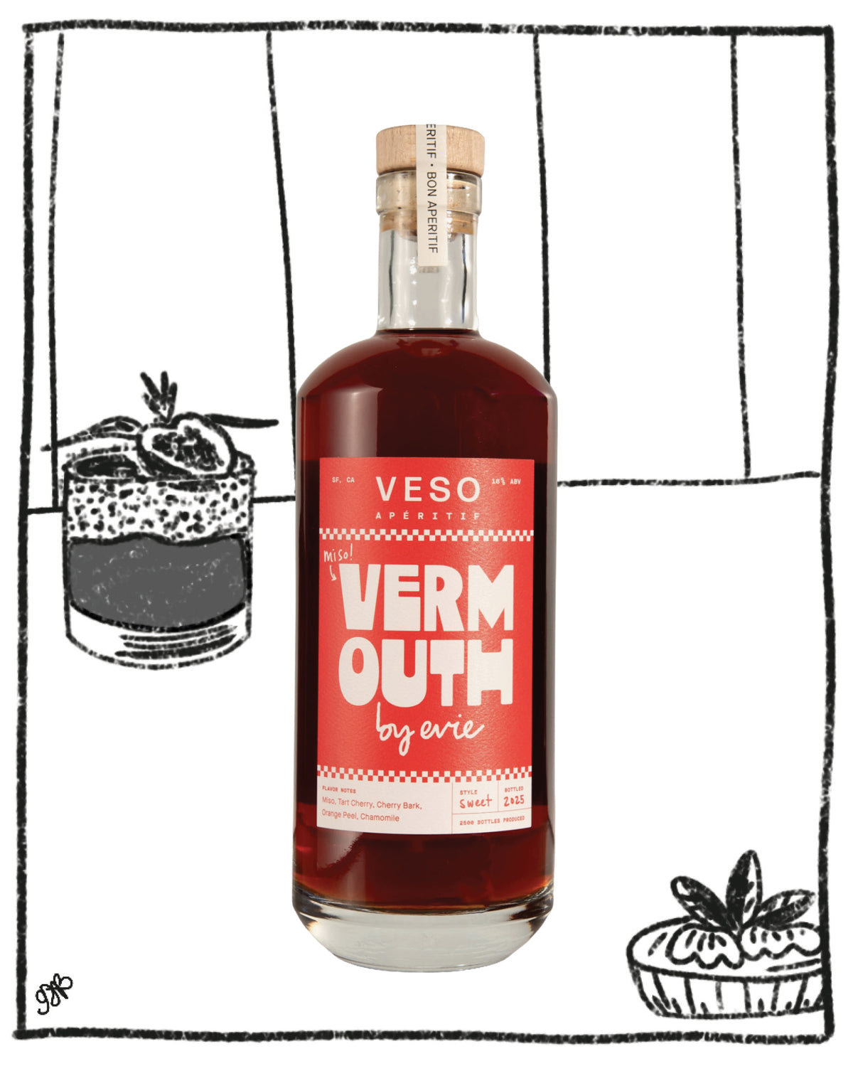 A bottle of Vermouth by VESO Spirits centered on a white background with hand-drawn black line illustrations of a cocktail and a dessert at the left and right sides.