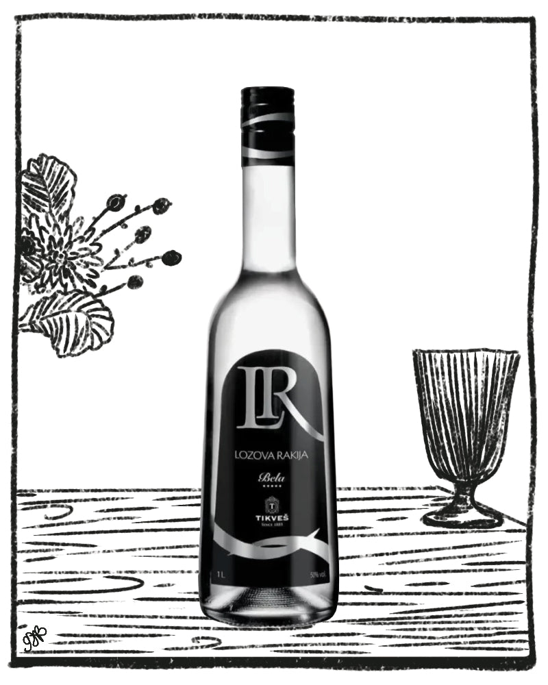 A black-and-white illustrated product shot of a liquor bottle labeled LR Loxodia Rara, with a drinking glass and floral line art on a white background.