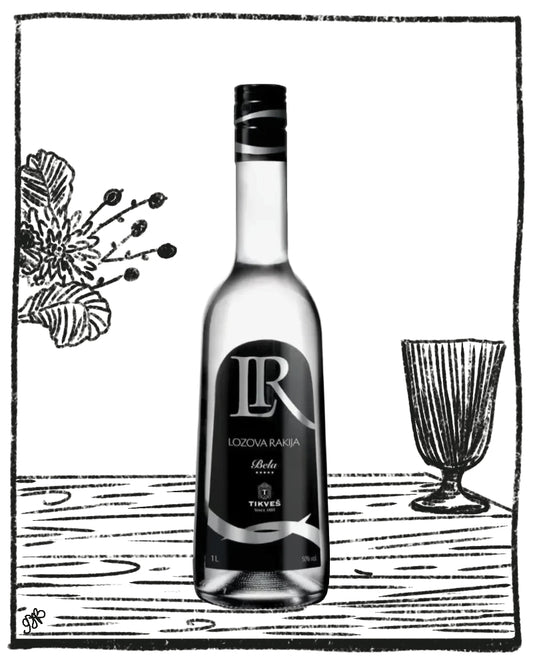 A black-and-white illustrated product shot of a liquor bottle labeled LR Loxodia Rara, with a drinking glass and floral line art on a white background.