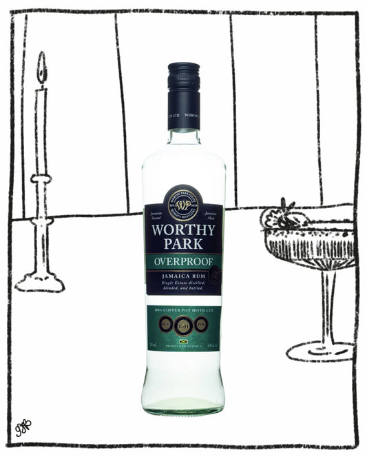 Bottle of Worthy Park Overproof Jamaica Rum with a candle and cocktail glass in the background