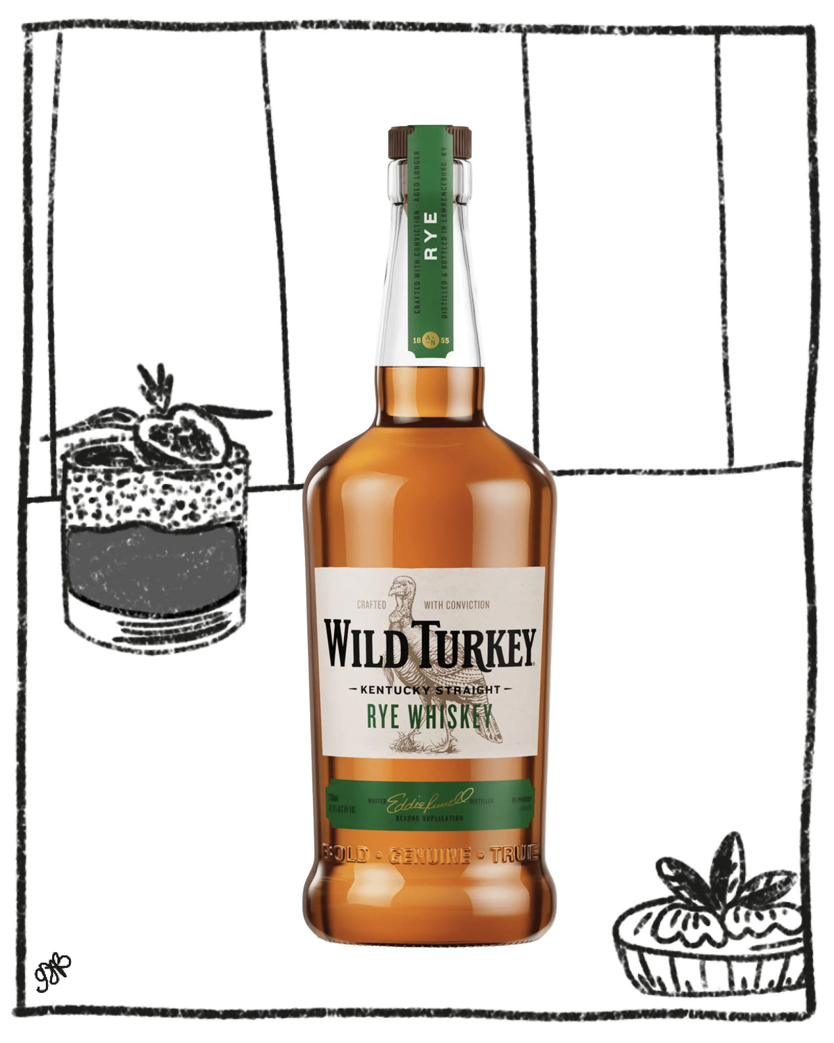 A clear glass bottle with brown liquid inside and a green and off white label with a picture of a turkey in front of a black and white drawing