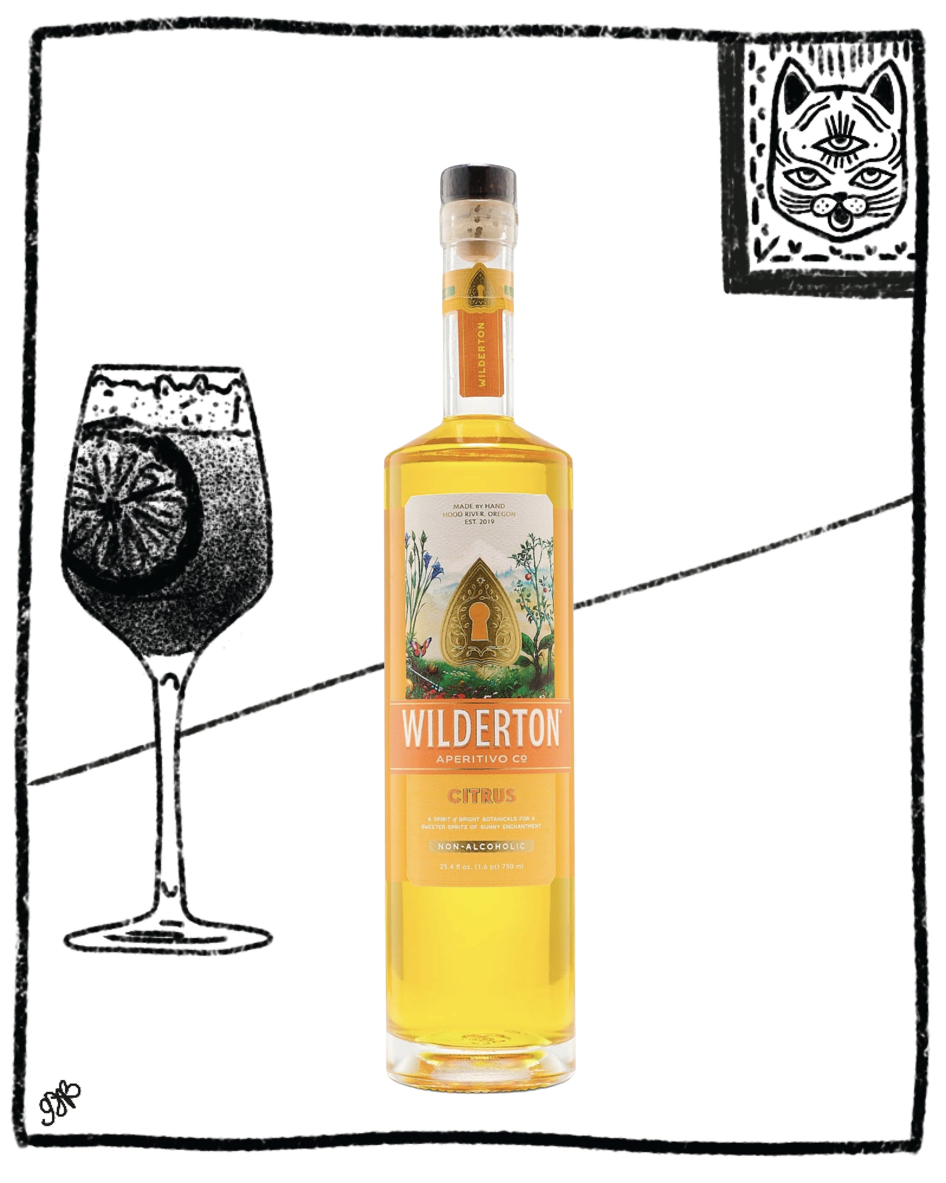 Bottle of Wilderton gin with a glass of cocktail on a white background